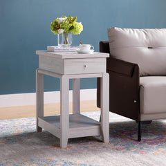 Side End Table with One Drawer and Bottom Shelf, Accent Table White Oak