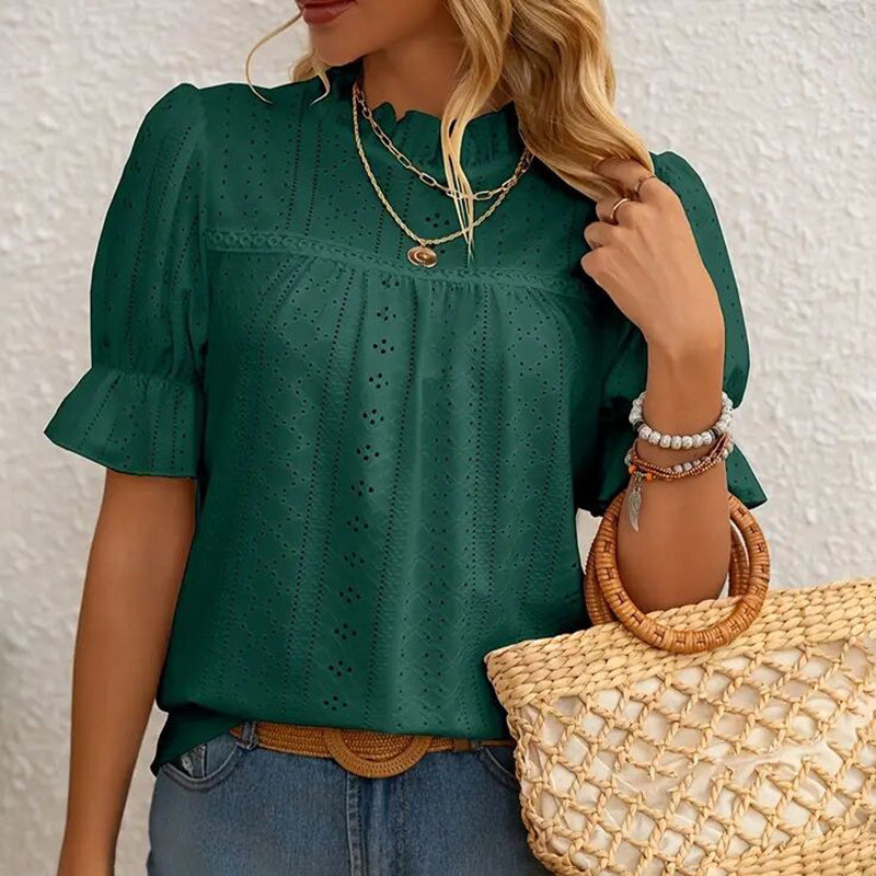 Women's Elegant Ruffle Detail Blouse Short Sleeve Round Neck Top