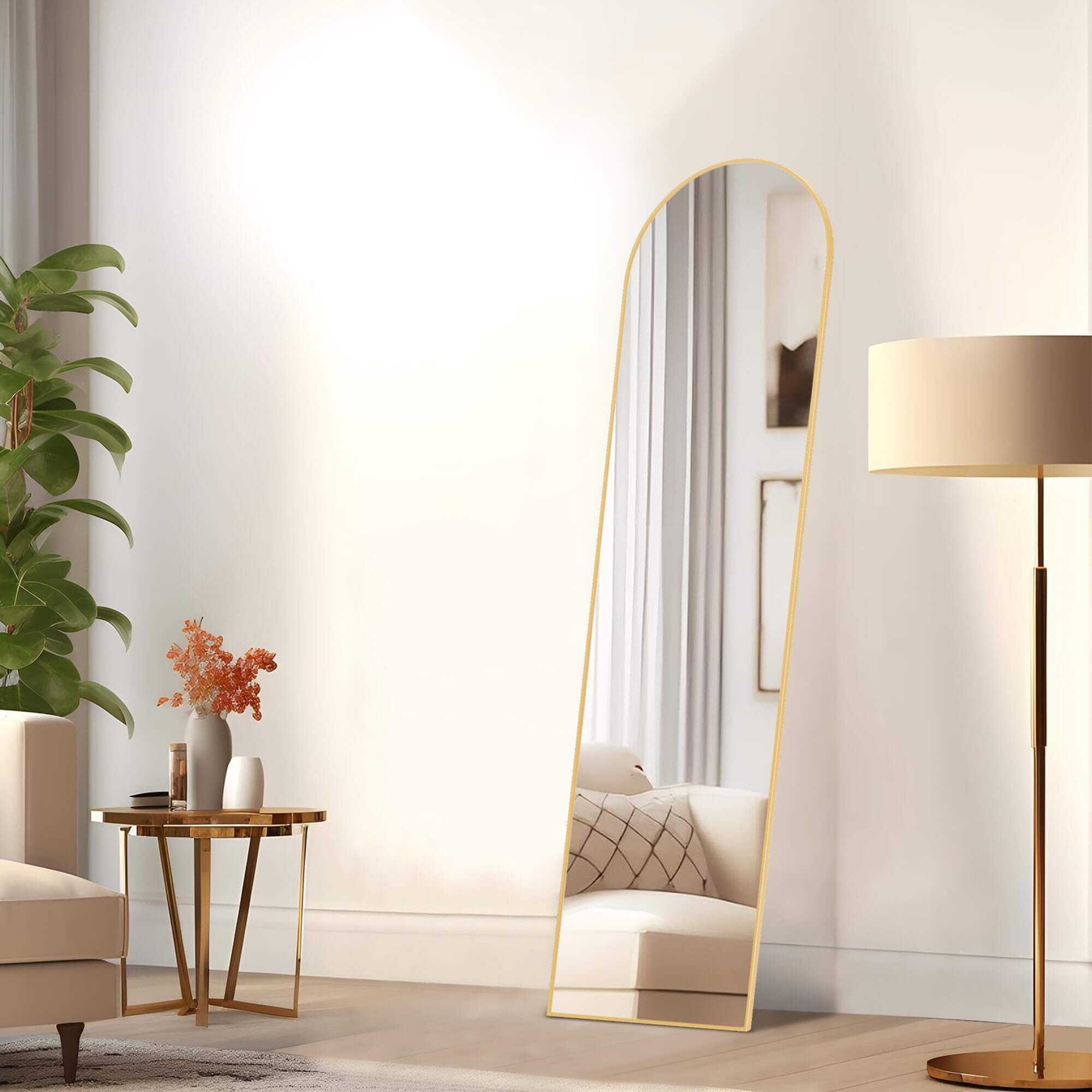 Floor Standing Mirror, Wall Mirror with Stand Aluminum Alloy Thin Frame,16'x*59'',Gold-arched