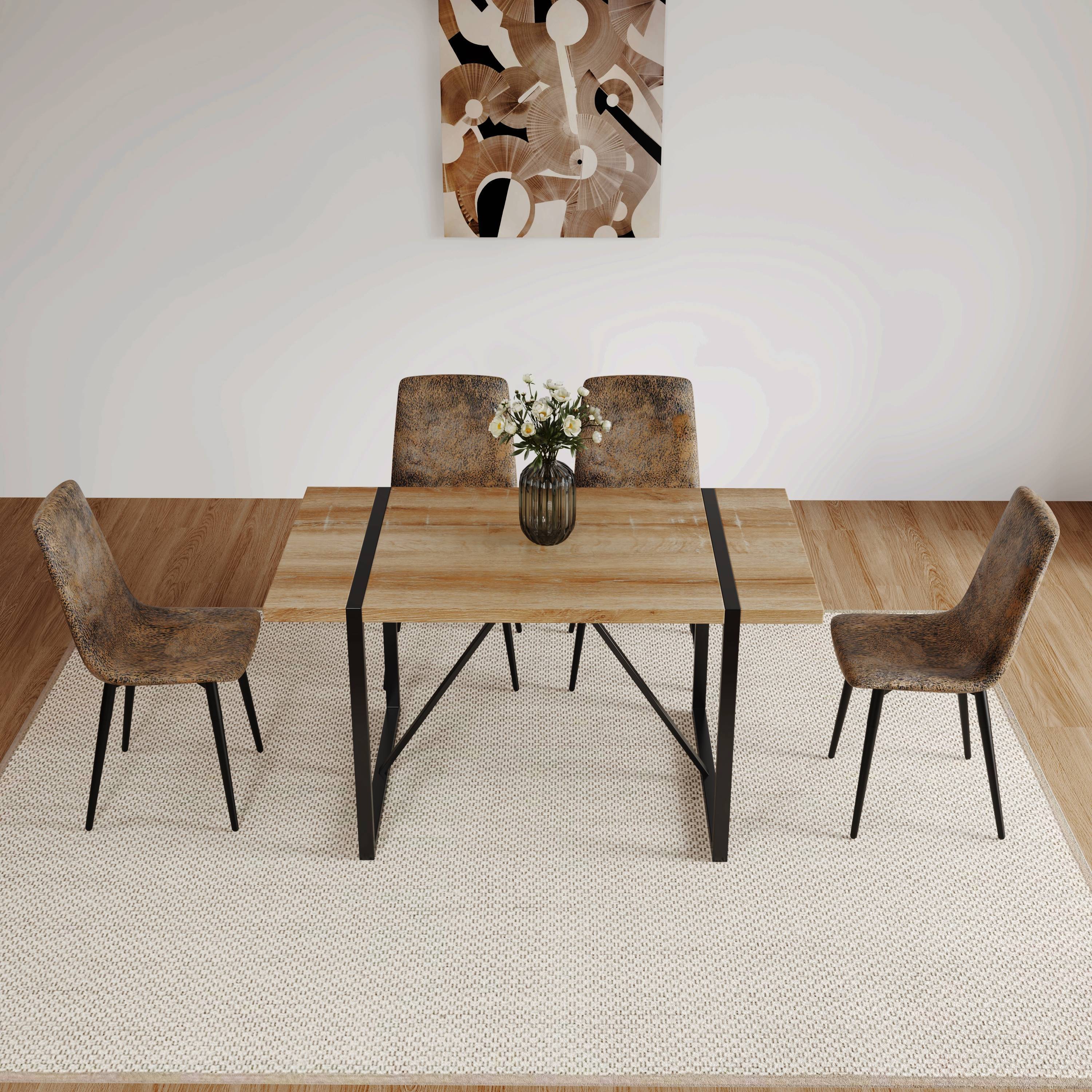 Set of 4 Modern Kitchen Dining Room Chairs, Cushion Seat and Sturdy Black Metal Legs - Brown