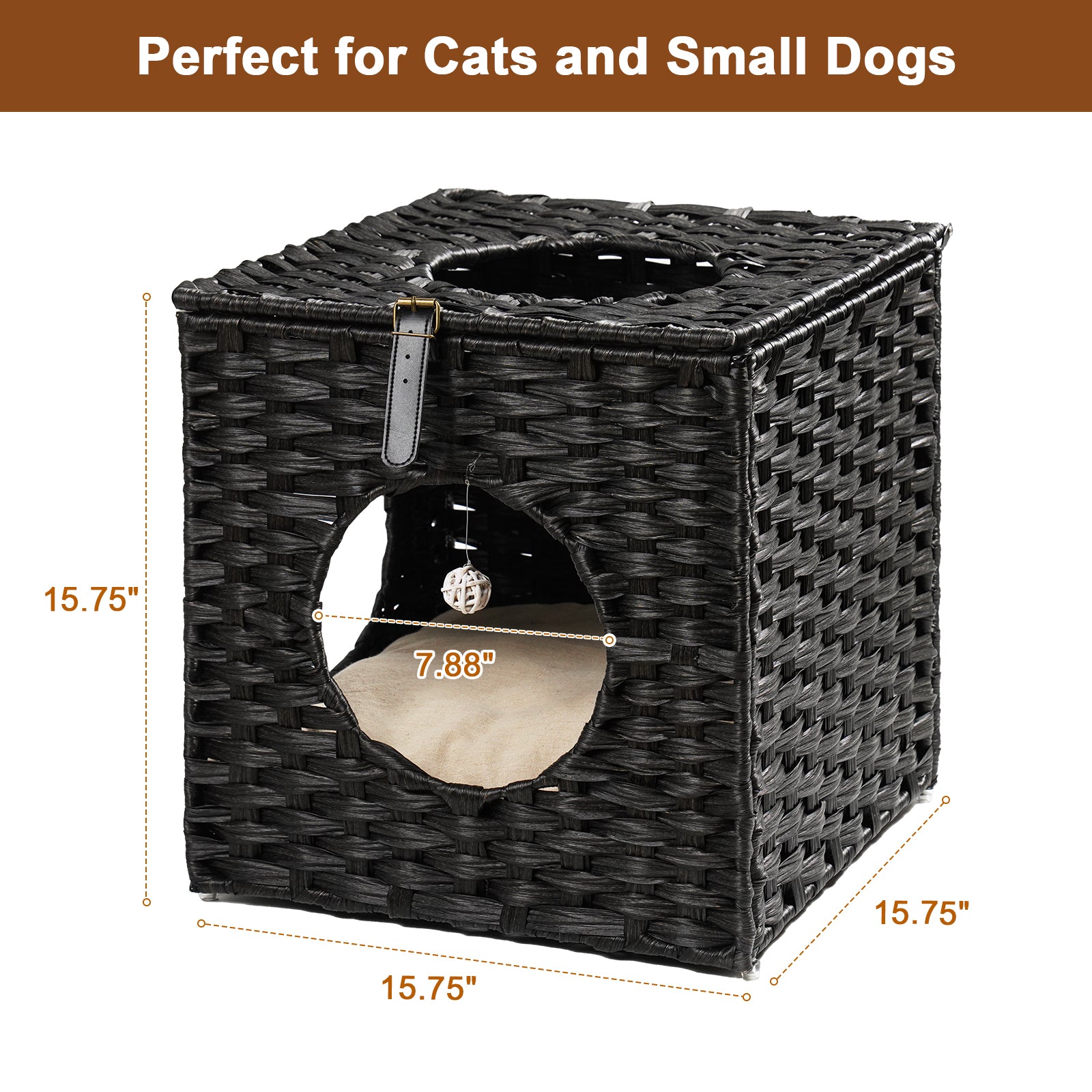 Rattan Cat Litter,Cat Bed with Rattan Ball and Cushion - Black