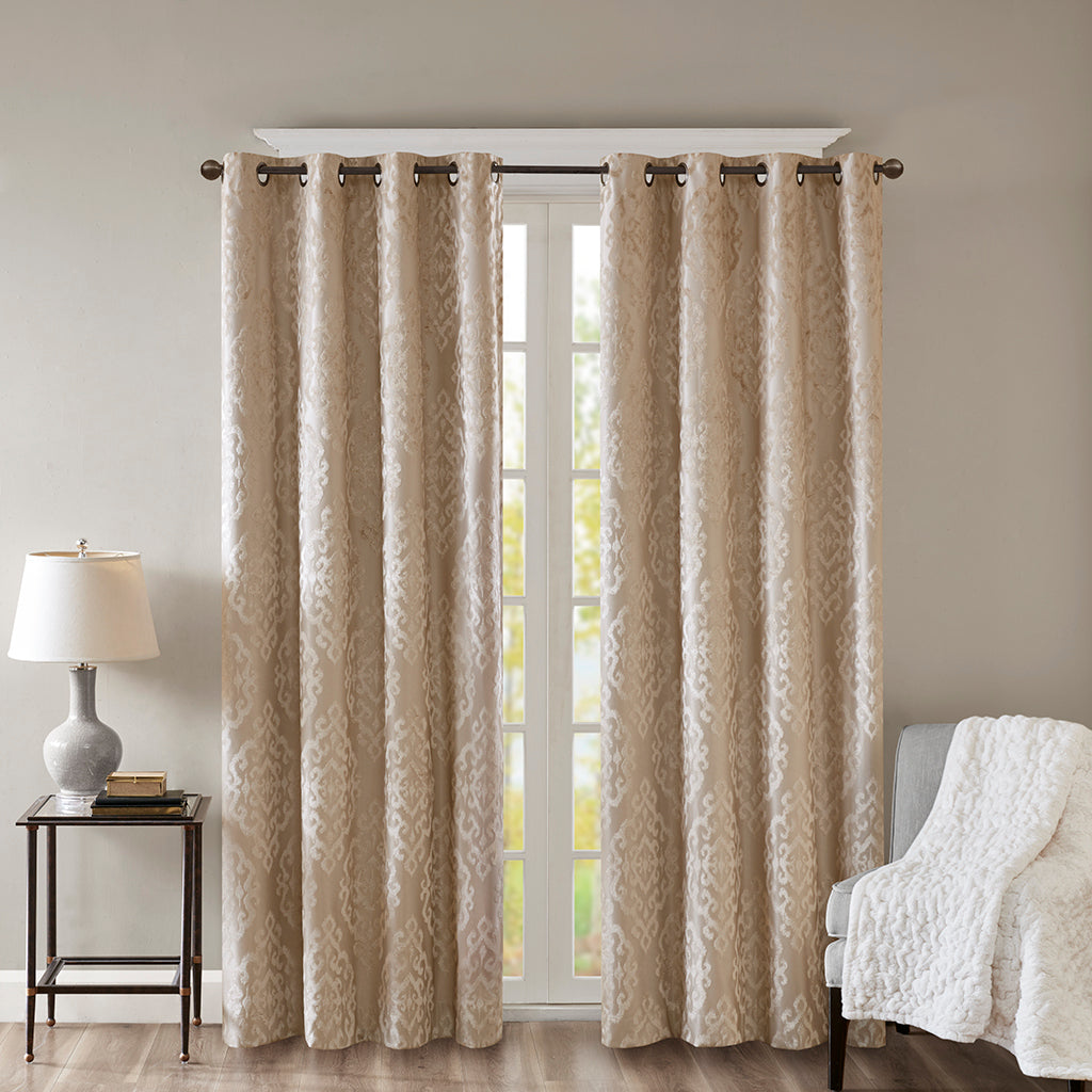 2-PK 50x84" Knitted Jacquard Damask Total Blackout Grommet Top Curtain Panel Pair - Champagne