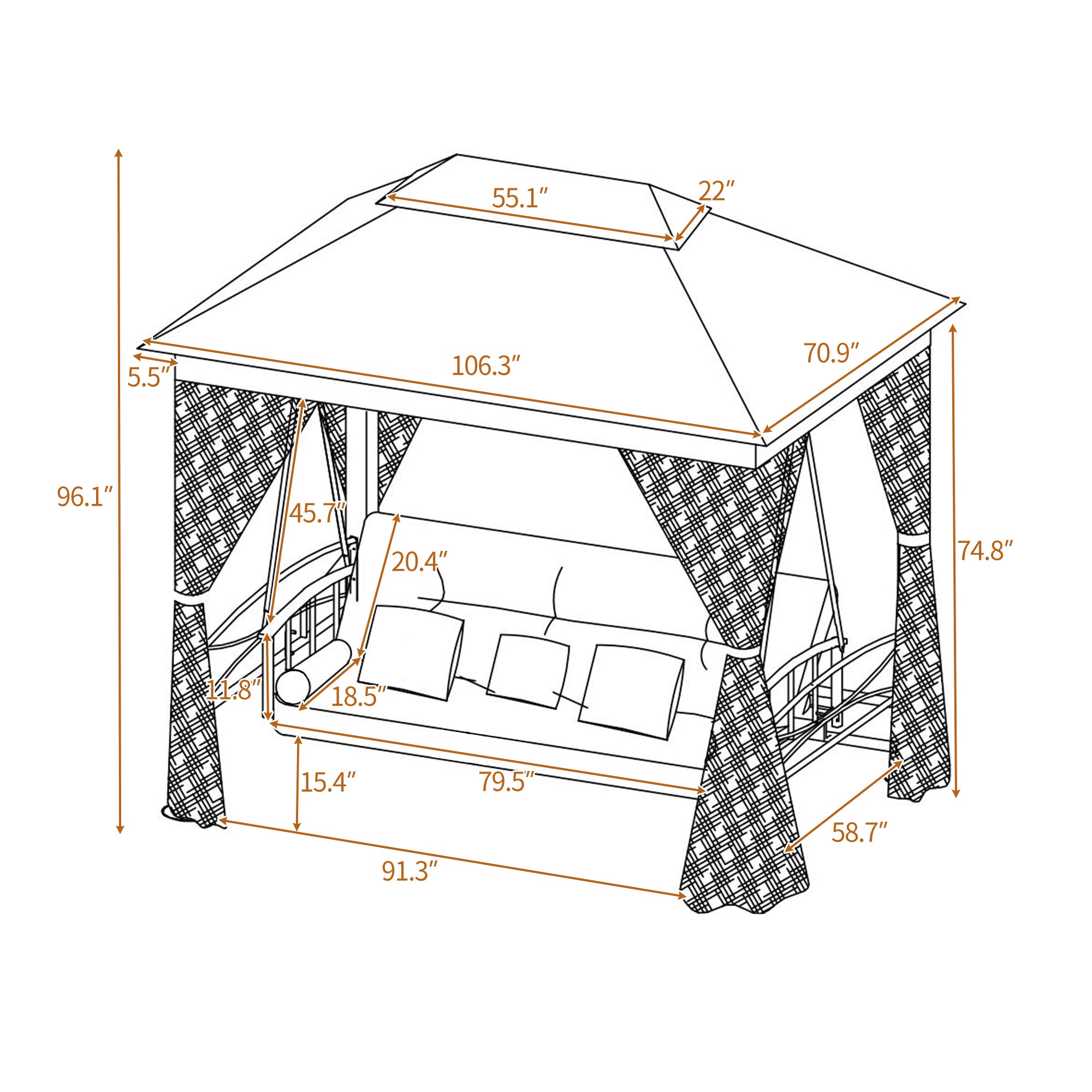 8.9 Ft. W x 5.9 Ft. D Outdoor Gazebo with Convertible Swing Bench, Double Roof Soft Canopy Garden Backyard Gazebo with Mosquito Netting Suitable for Lawn, Garden, Backyard