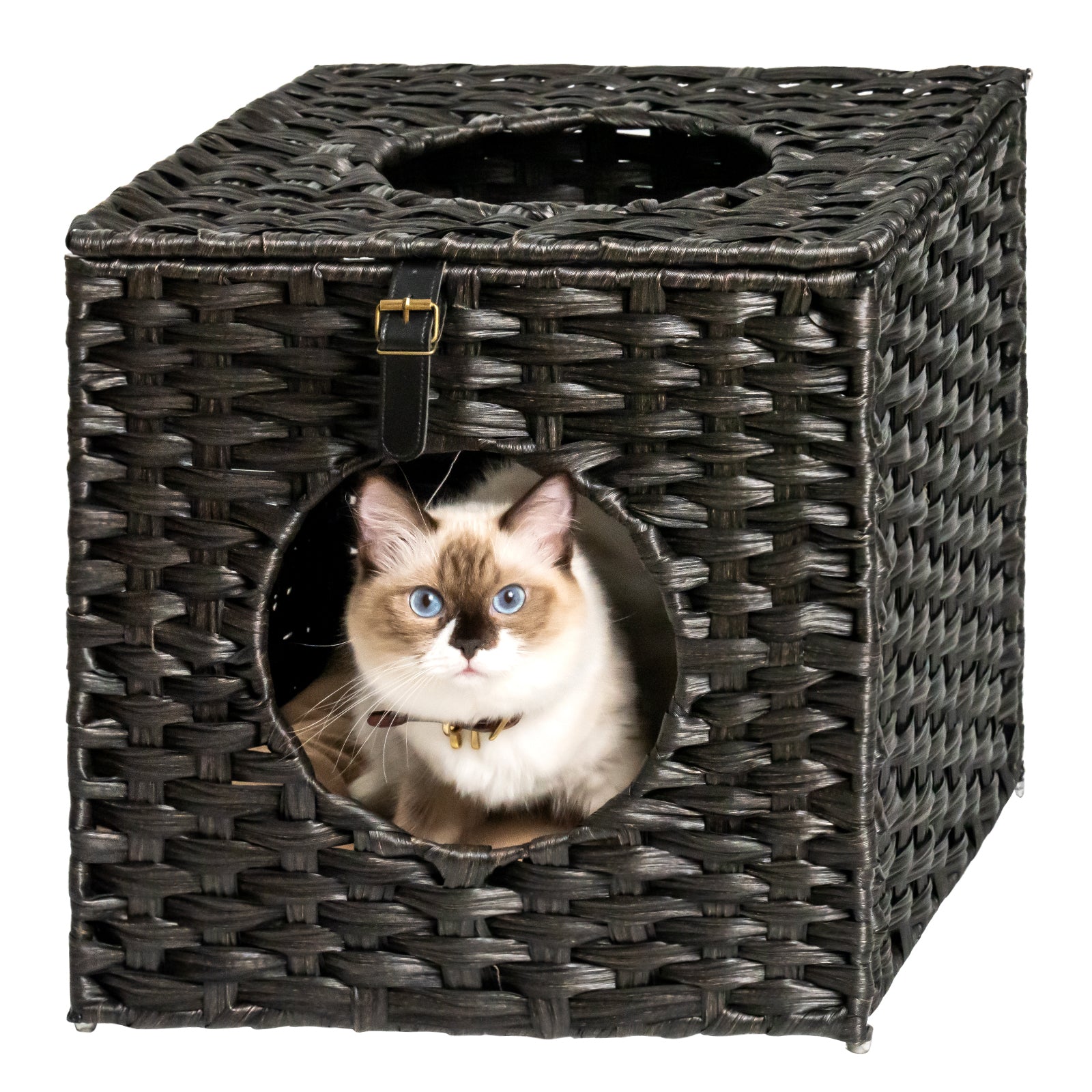 Rattan Cat Litter,Cat Bed with Rattan Ball and Cushion - Black