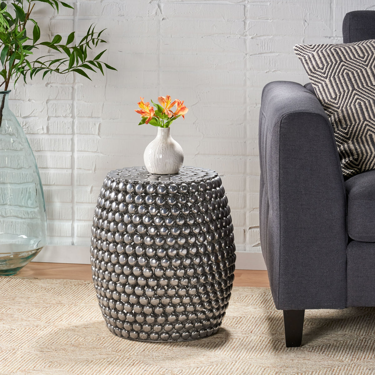Barrel Shape Metallic Colors Side Table - Nickel Iron