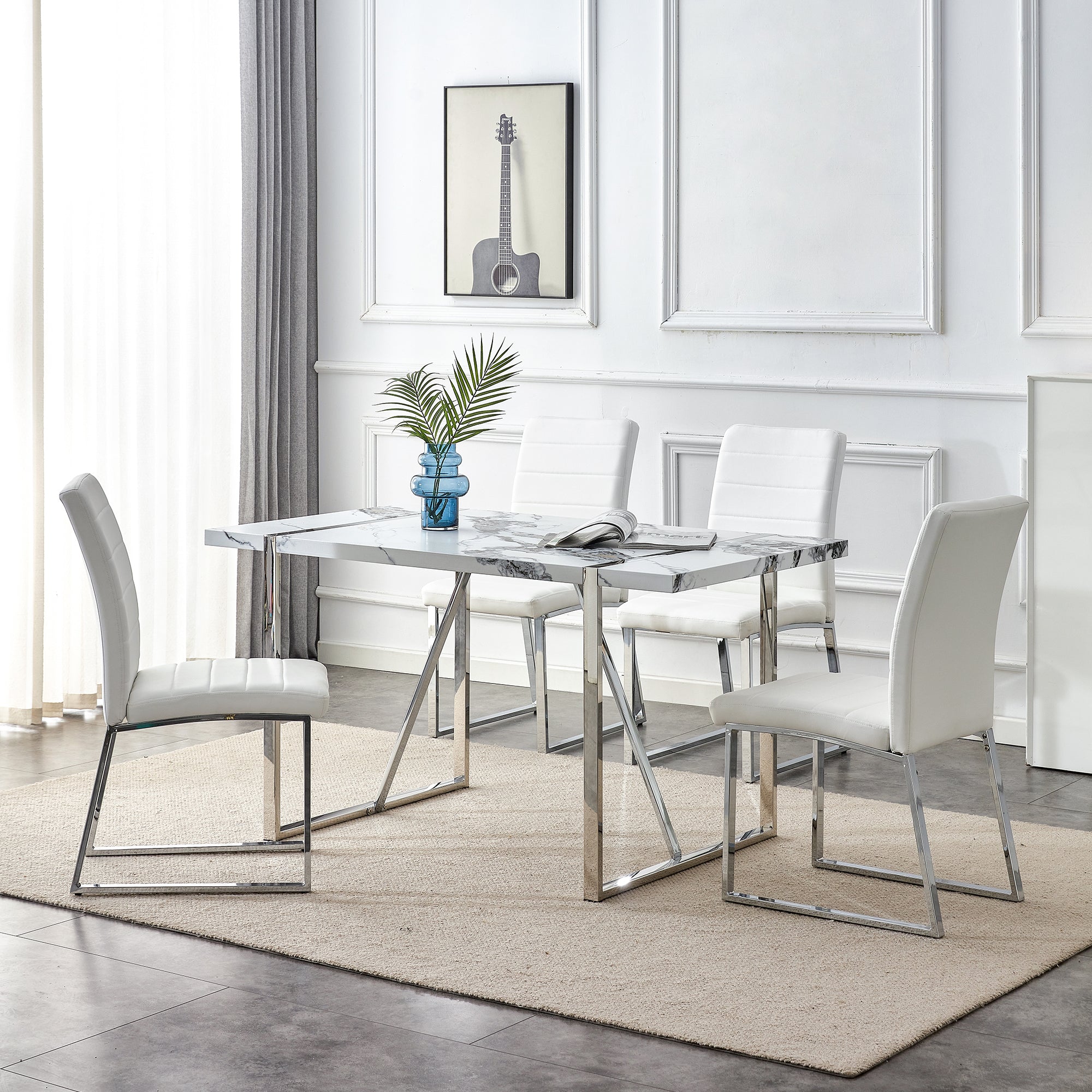 Dining Table Chairs Set for 4, Rectangular Dining Room Table Set, Faux Marble Modern Dining Table & Leather Chairs for Kitchen Dining Room, White