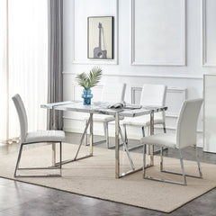 Dining Table Chairs Set for 4, Rectangular Dining Room Table Set, Faux Marble Modern Dining Table & Leather Chairs for Kitchen Dining Room, White