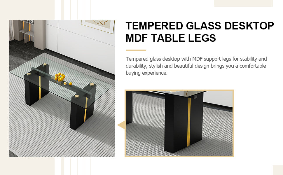 Modern Rectangular Glass Dining Table for 6-8 people - Black Legs