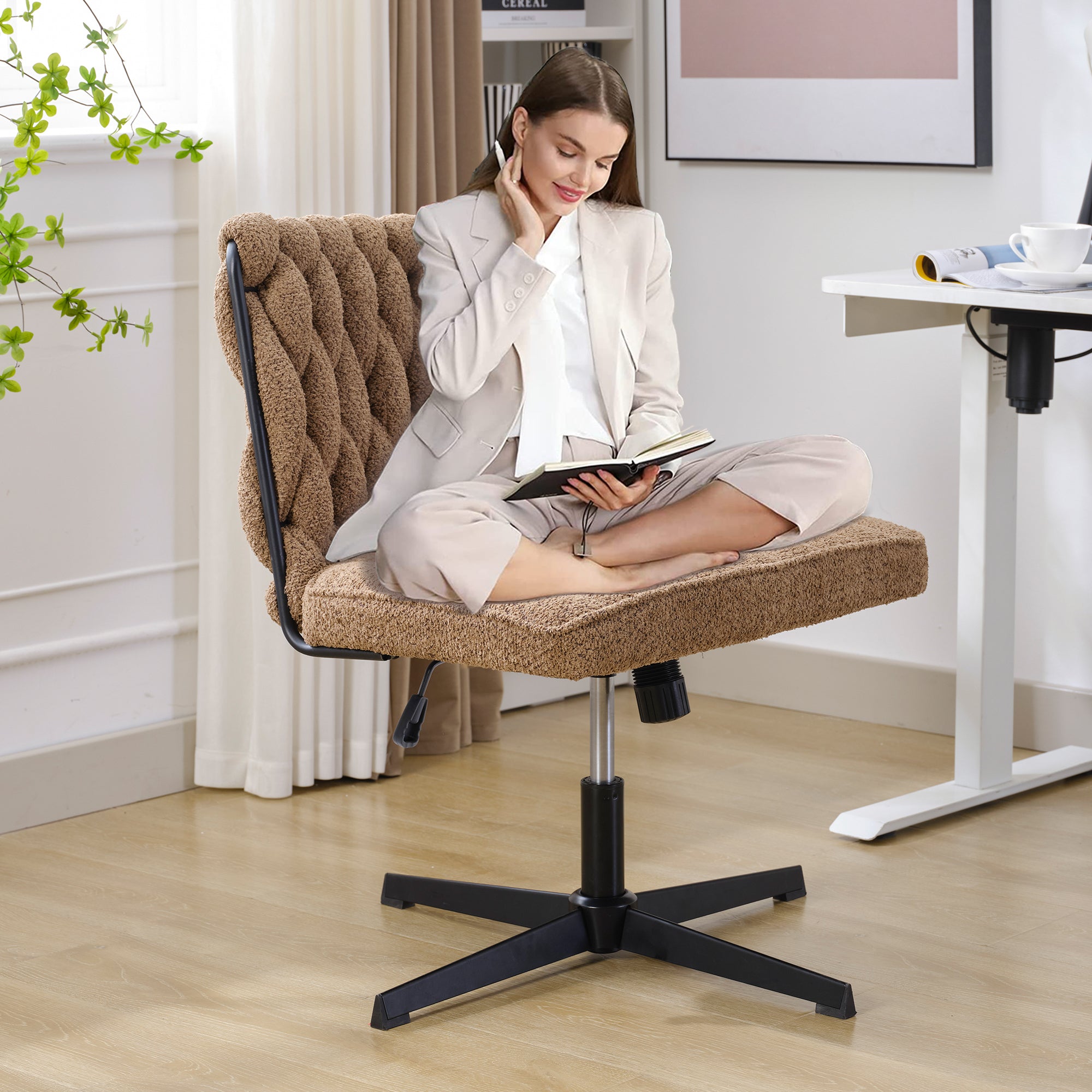 Armless Office Desk Chair No Wheels, Brown