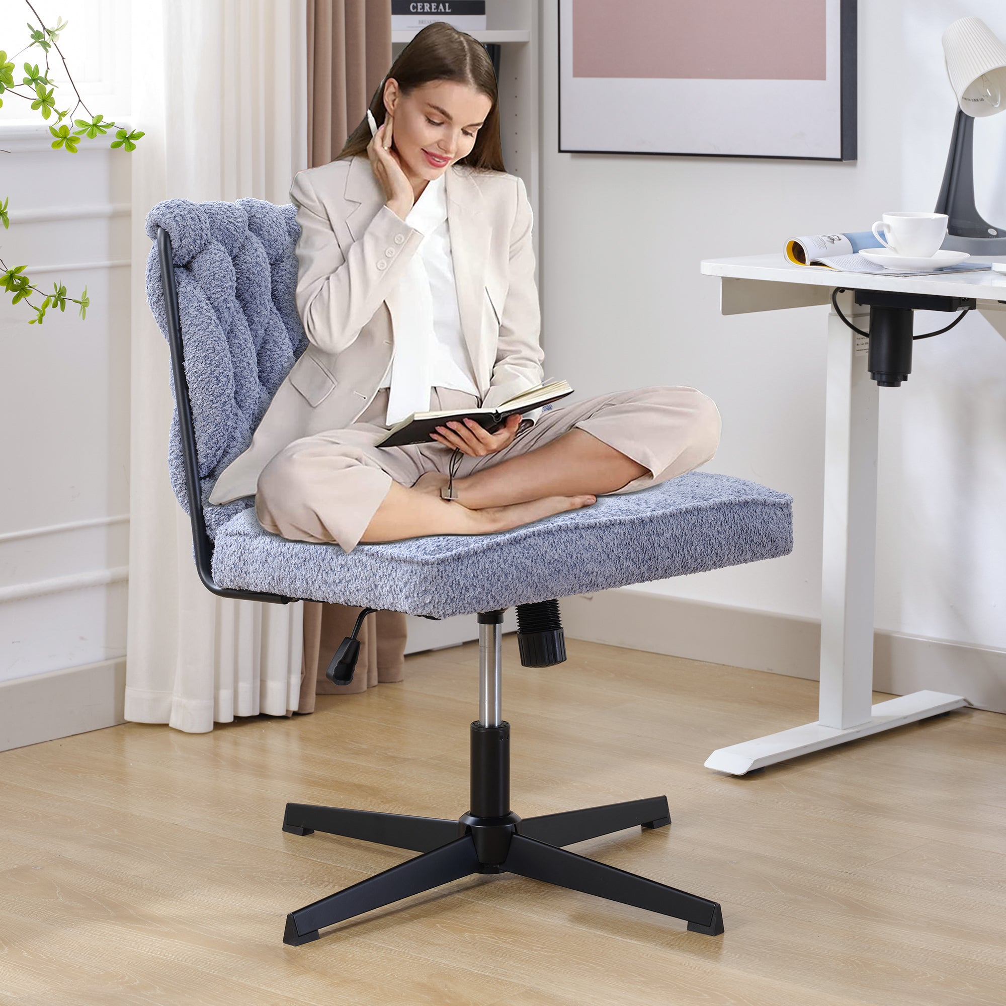 Armless Office Desk Chair No Wheels, Blue
