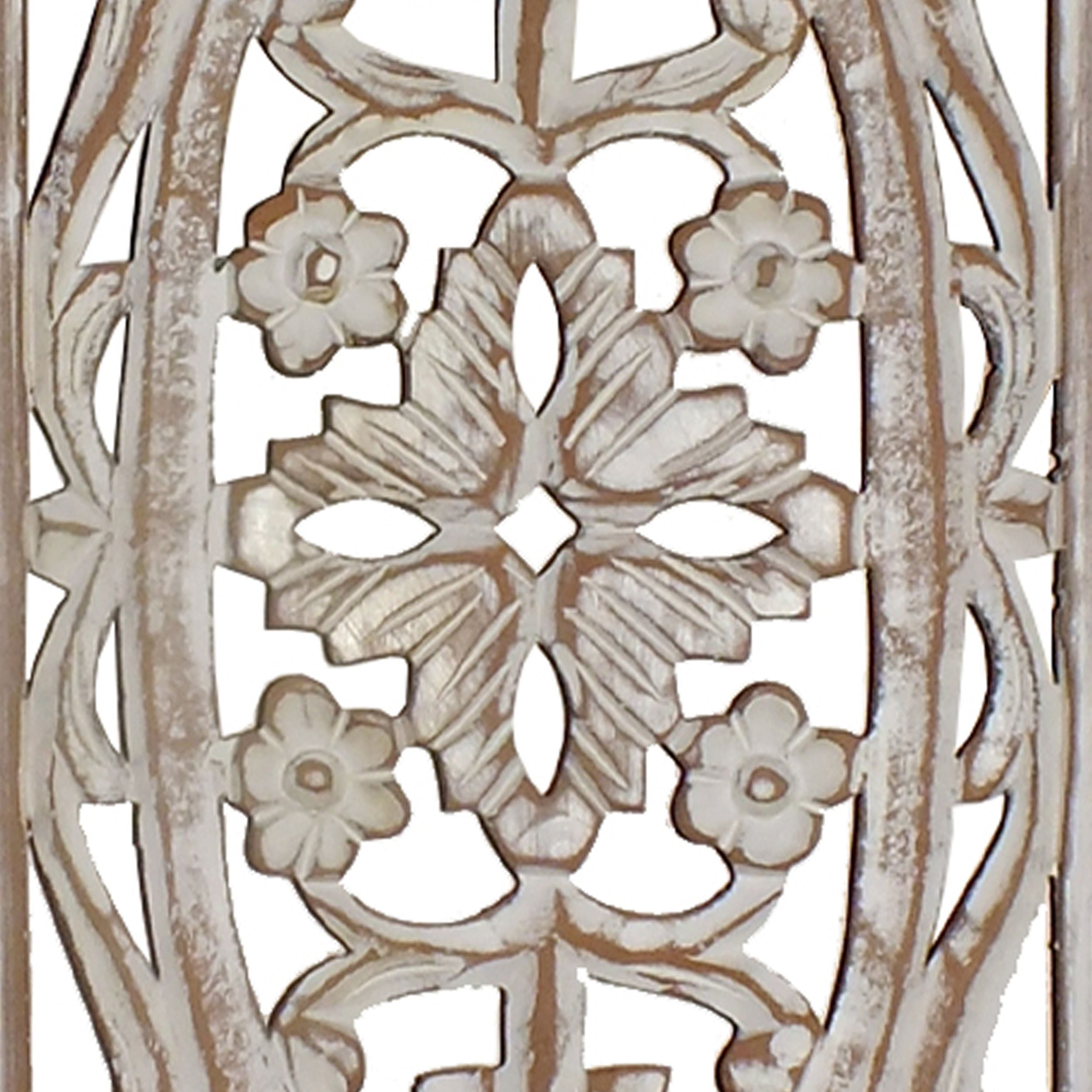 Rectangular Mango Wood Wall Panel Hand Crafted With Intricate Carving, White and Brown