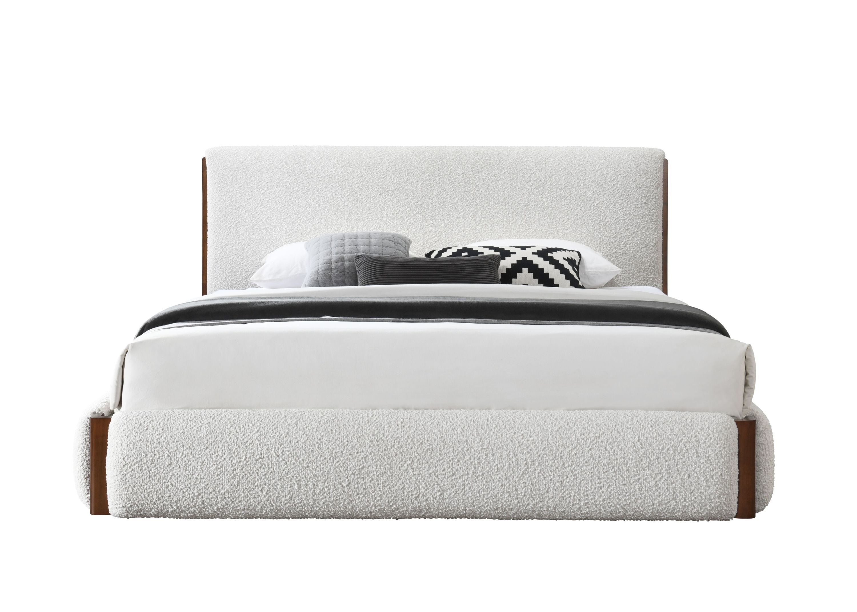 Queen Bed, White Boucle & Walnut Finish