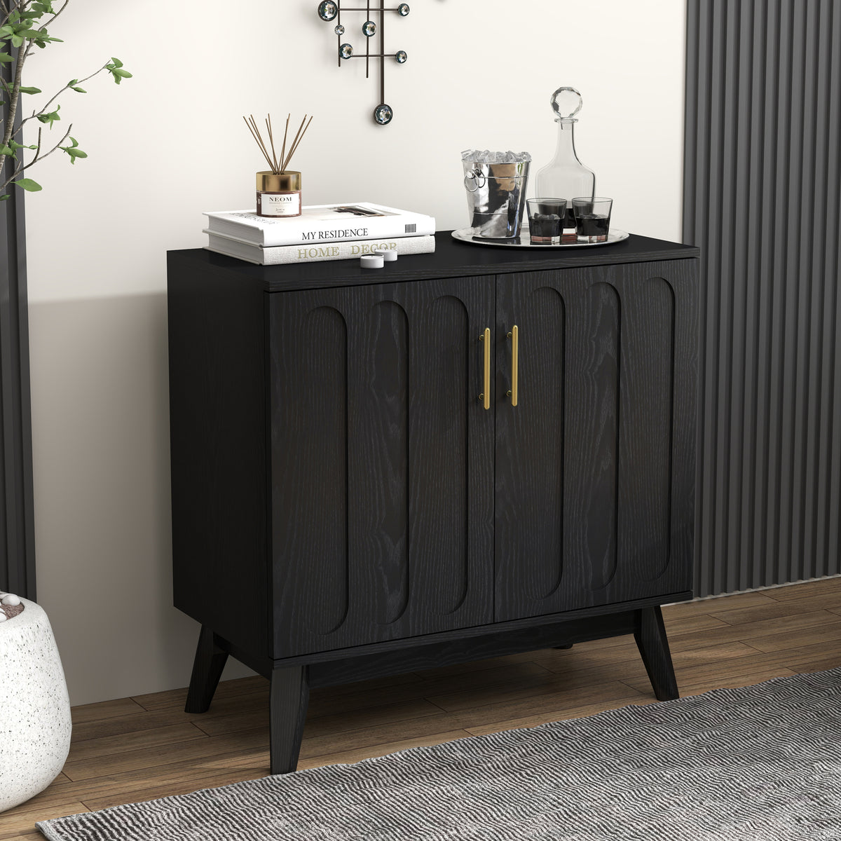 Mid Century Modern Fluted Sideboard Cabinet with Adjustable Shelves & Solid Wood Legs, Buffet Cabinet with Storage, Walnut Storage Cabinet for Living Room, Entryway, Hallway, Dining Room, Kitchen