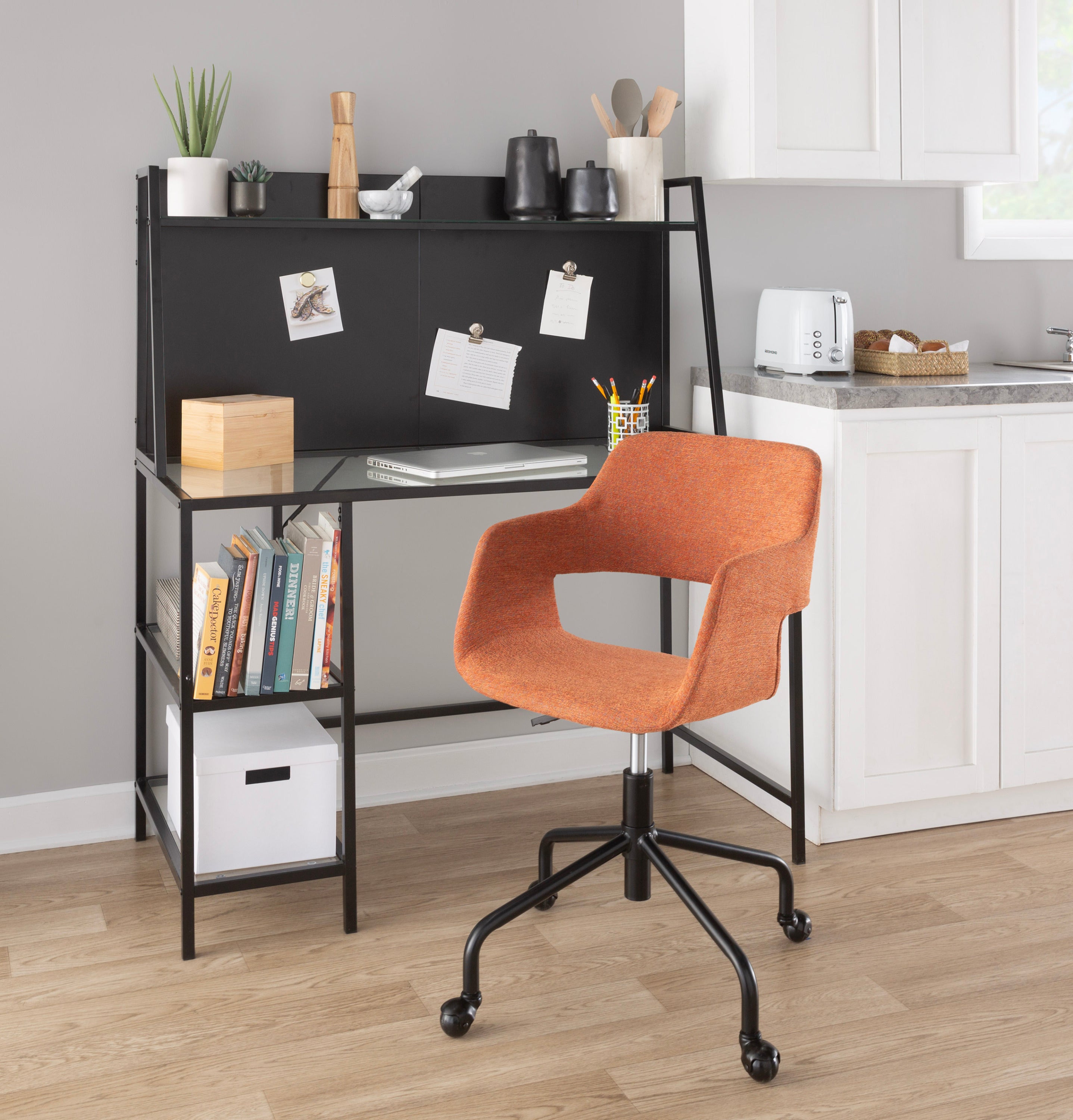 Contemporary Adjustable Office Chair - Black Metal and Orange Fabric