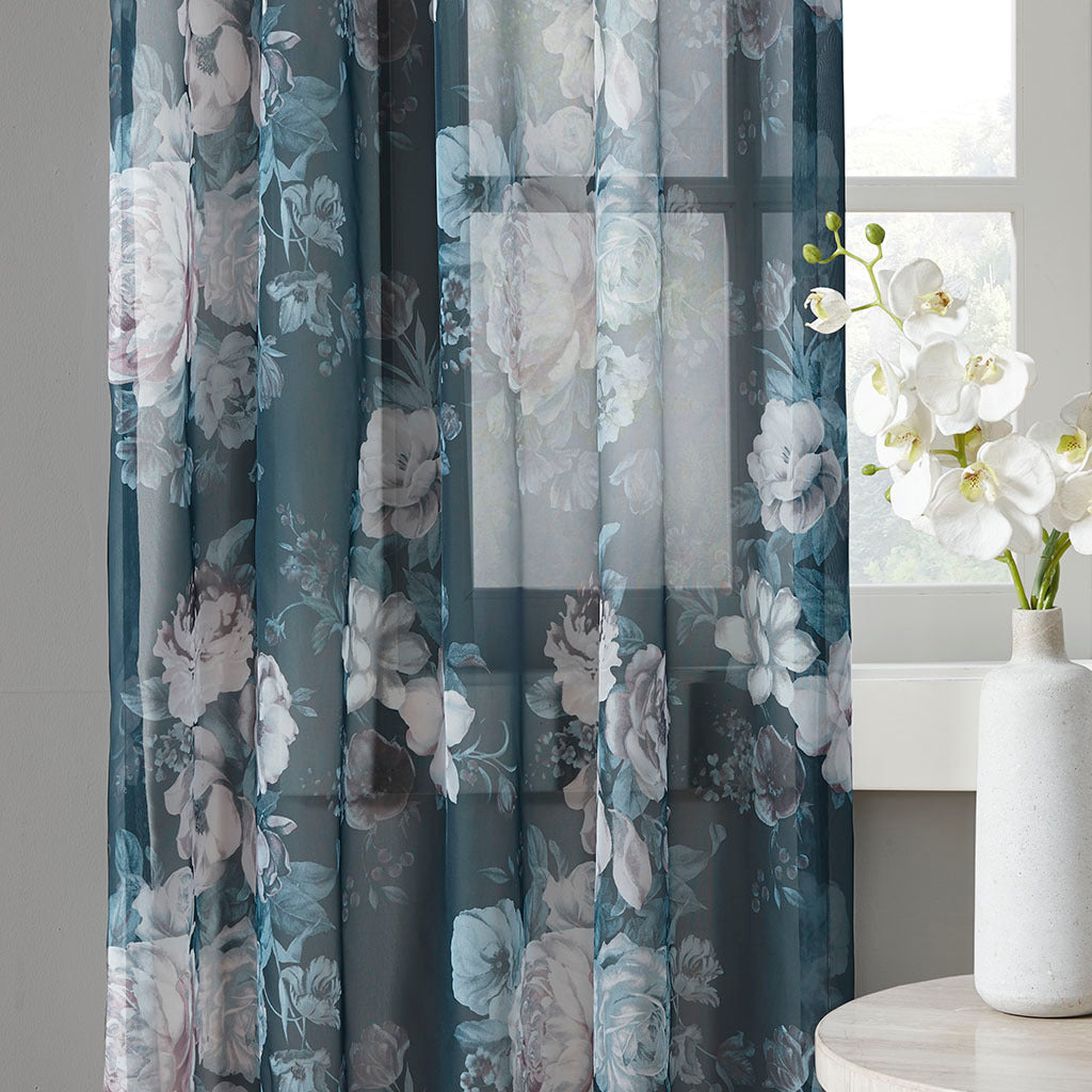 Printed Floral Twist Tab Top Voile Sheer Curtain - Navy