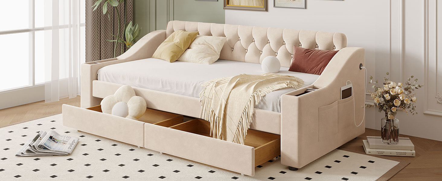 Twin Size Upholstered Daybed with Storage Armrests and USB Port - Beige