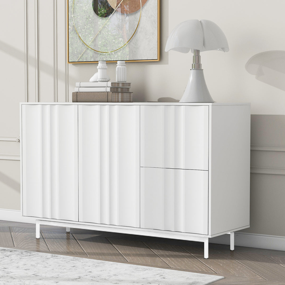 47.2' Buffet Sideboard Cabinet with 2 Doors And Drawers, Adjustable Shelf, Metal Legs Wave Pattern Kitchen Pantry Cabinets for Dining Room, Bedroom, Living Room