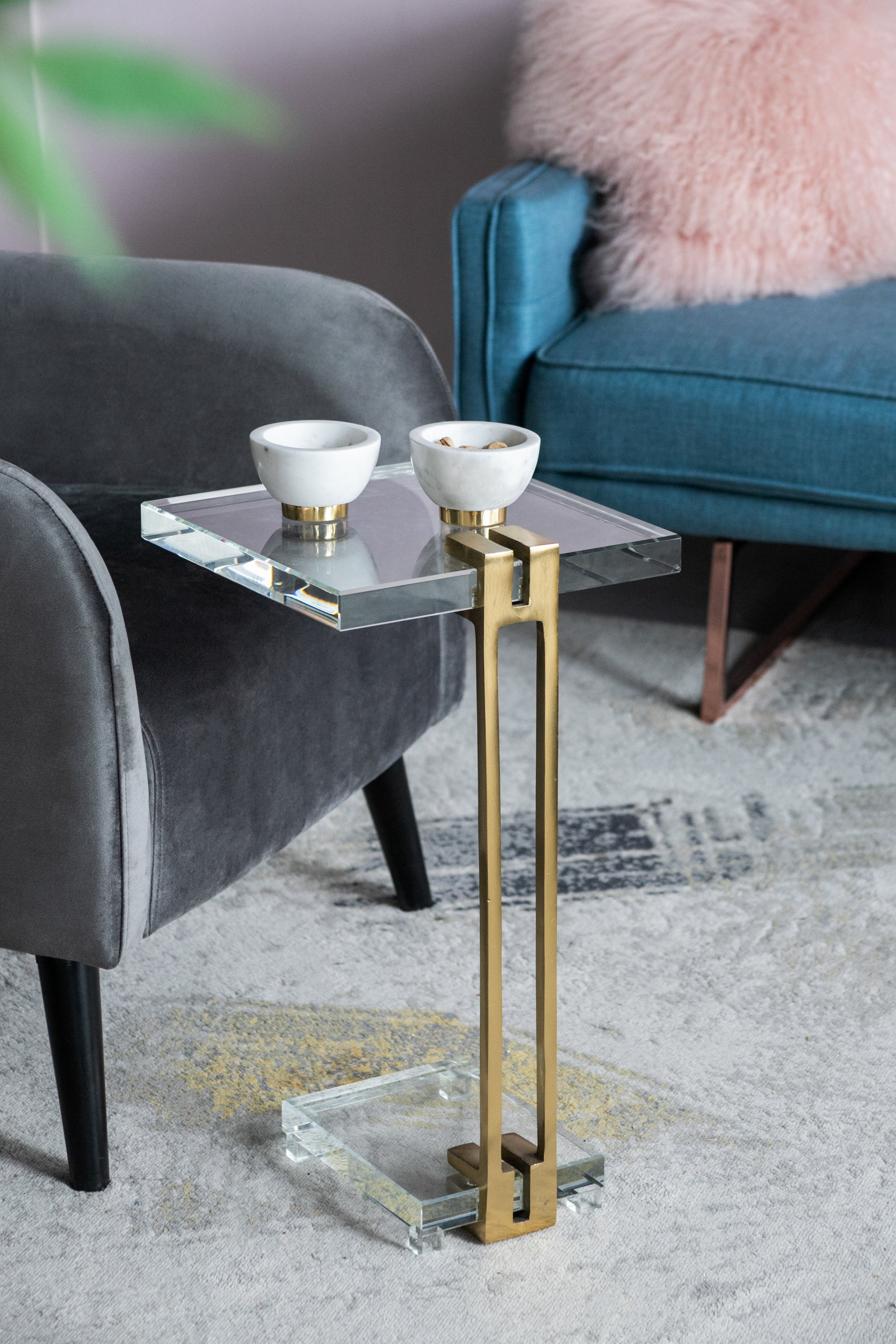 Crystal Side Table with Gold Metal Frame 22"