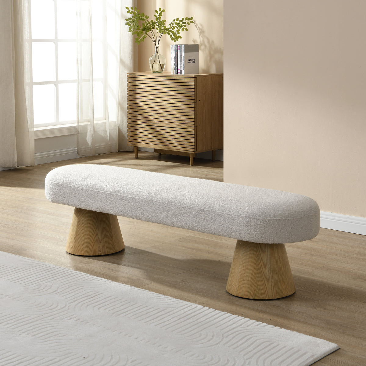 Dining Bench for Dining Room, Upholstered Bedroom End of Bed Entryway Bench, Boucle Ottoman for Living Room, 64'L Beige Stool Top Wood Leg 300 LBS Weight Capacity