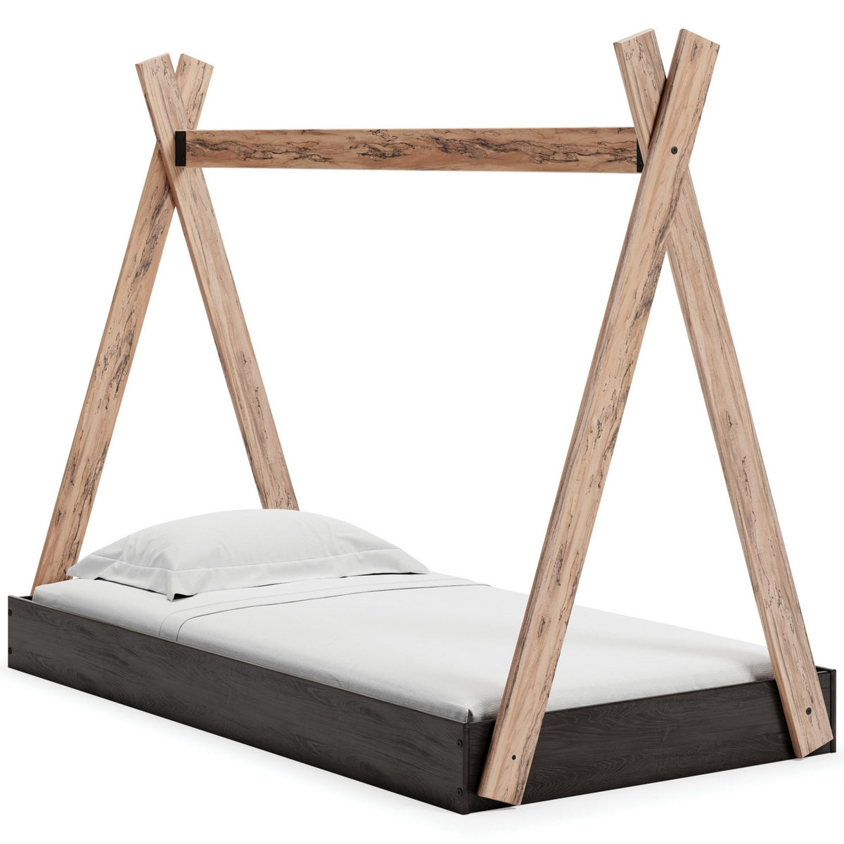 Modern Twin Size Bed, Crossed Wood A Frame Tent Stand, Jet Black Base