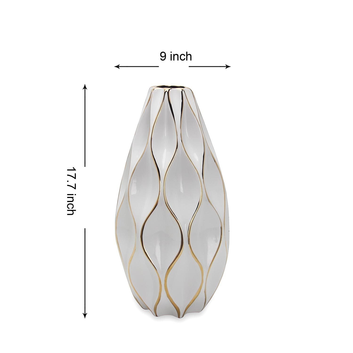 18"H Elegant White Ceramic Vase with Gold Accents