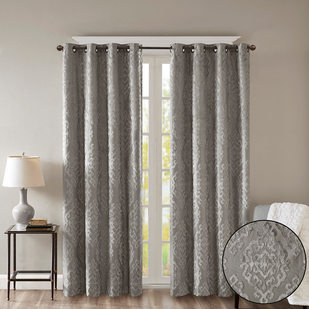 50x84" Knitted Jacquard Damask Total Blackout Grommet Top Curtain Panel - Charcoal
