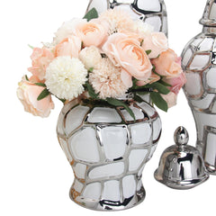 16"H Regal White and Silver Ceramic Decorative Ginger Jar