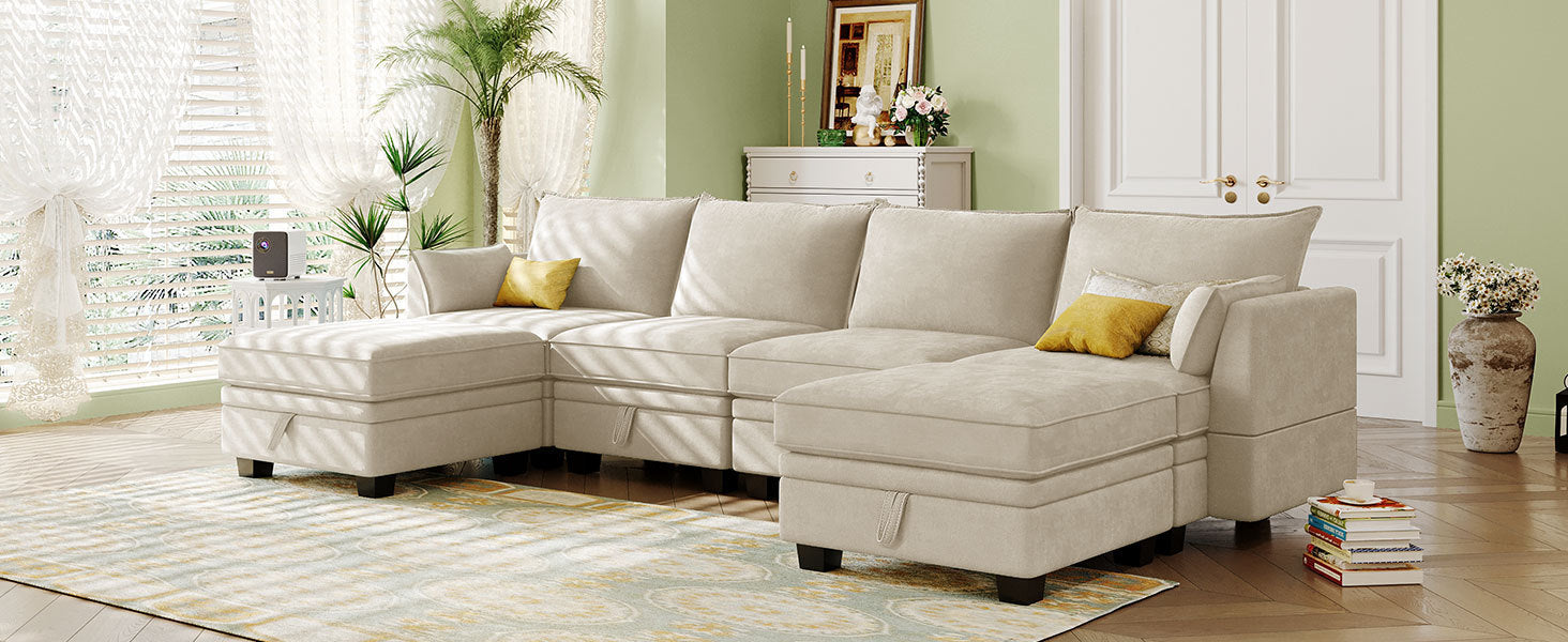Modern Large U-Shape Modular Sectional Sofa,  Convertible Sofa Bed with Reversible Chaise - Beige