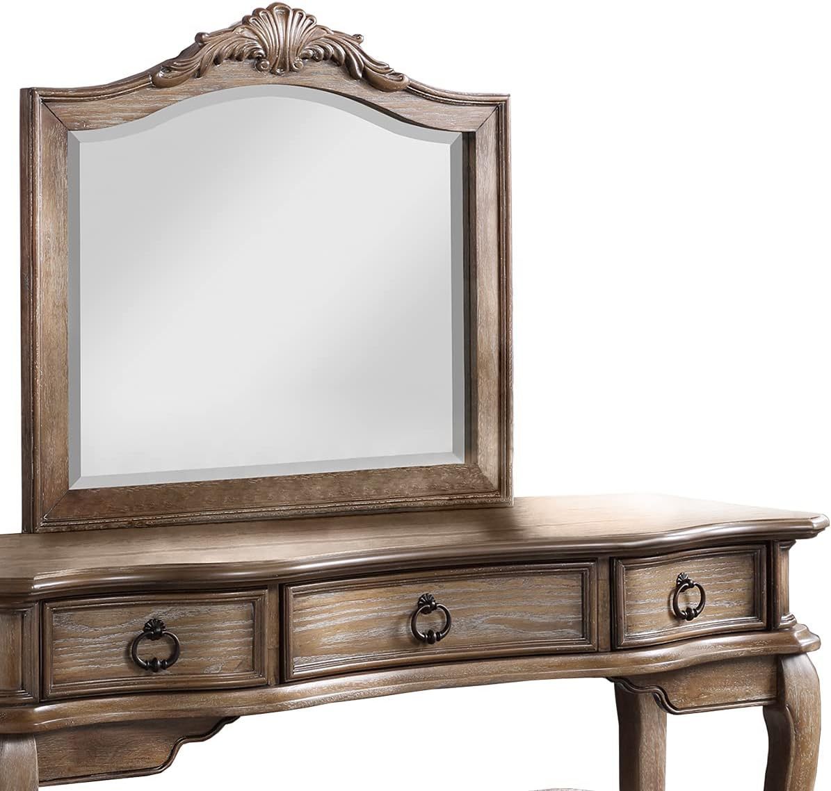 Contemporary Antique Oak Color Vanity Set with Stool Retro Style Drawers Cabriole-tapered Legs Mirror with Floral Crown Molding