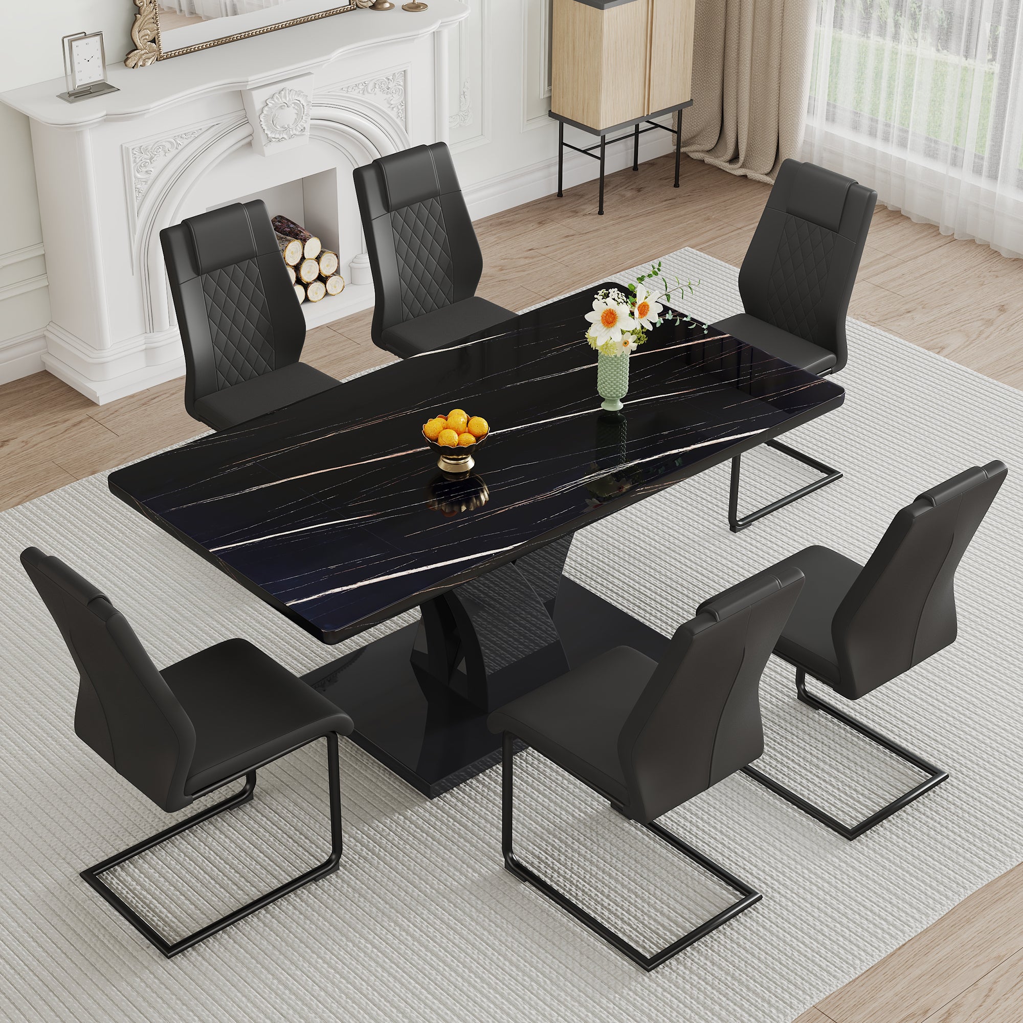 Modern Dining Table, Black Desktop and Black MDF Leg