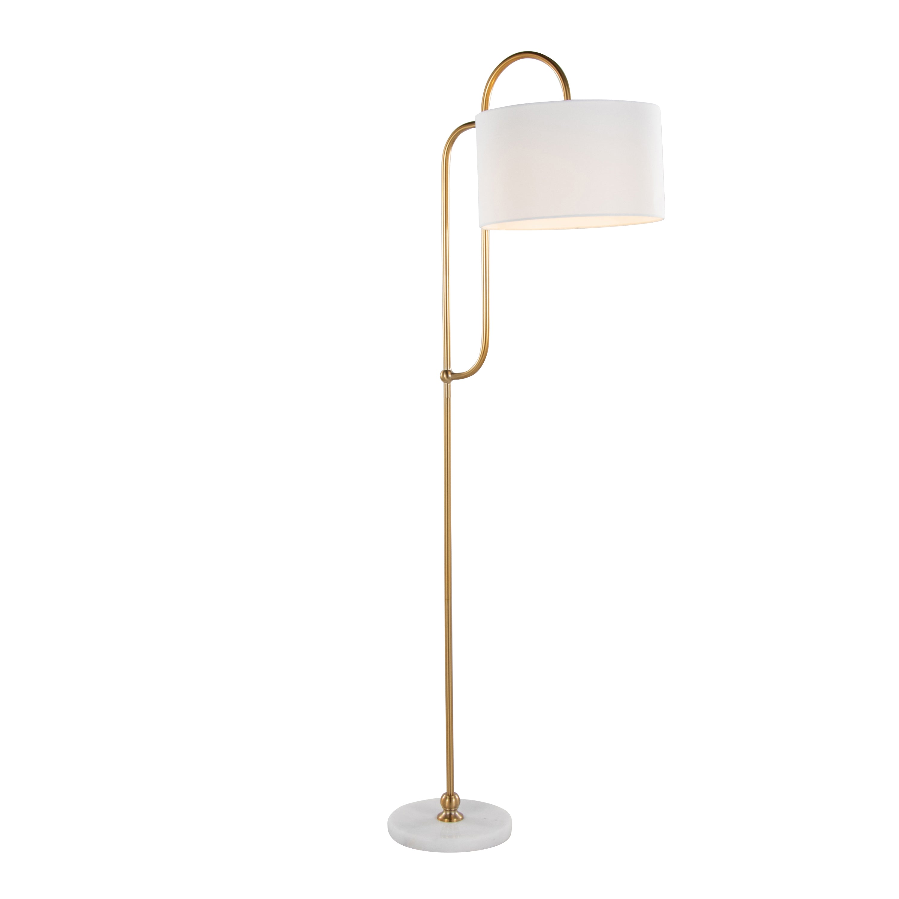 63" Glam/Art Deco Metal Floor Lamp in White Marble and Gold Metal with White Linen Shade
