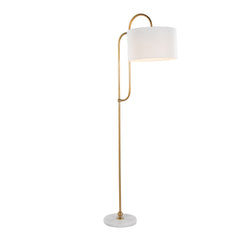 63" Glam/Art Deco Metal Floor Lamp in White Marble and Gold Metal with White Linen Shade