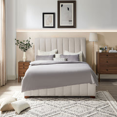 Full Size Modern Design Bed Frame Upholstered Queen Bed Frame Platform with Headboard Fabric Headboard Wooden Slats Support, No Box Spring Needed,Mattress Foundation,White
