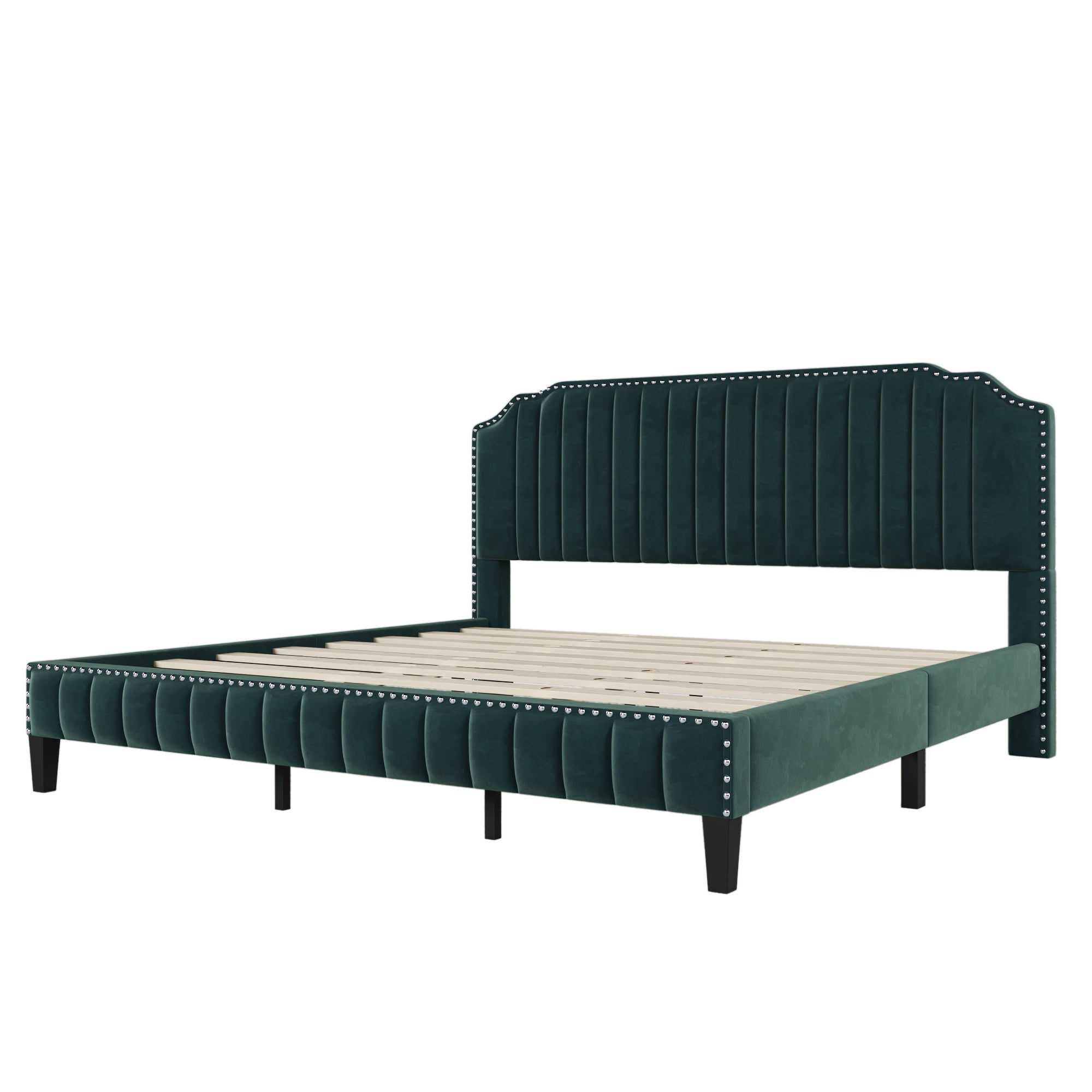 Modern King Bed Velvet Curved Upholstered Platform Bed - Green