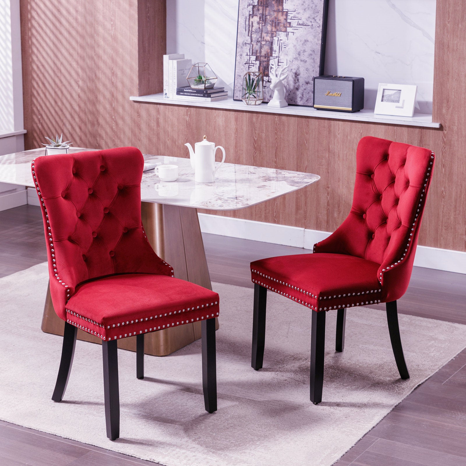 Classic Velvet Dining Chairs (Set of 2) - Wine Red