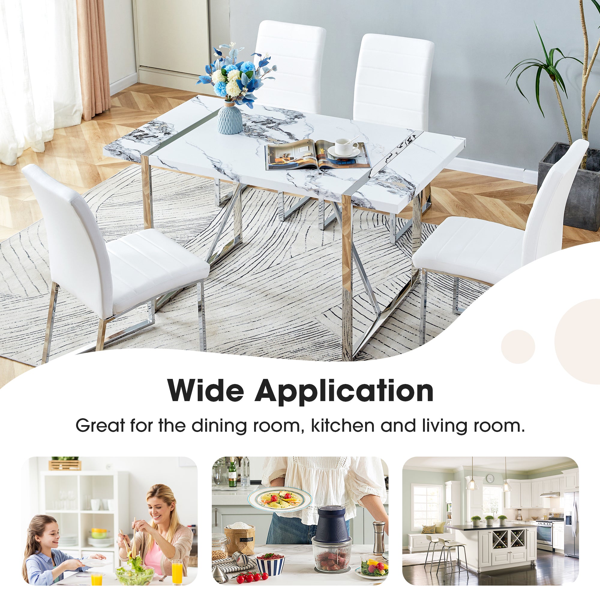 Dining Table Chairs Set for 4, Rectangular Dining Room Table Set, Faux Marble Modern Dining Table & Leather Chairs for Kitchen Dining Room, White