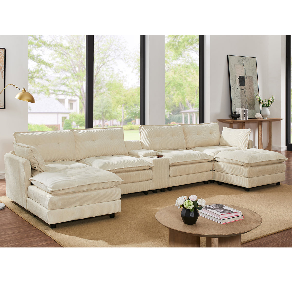 154' Sectional Cloud Sofa Couch with Ottomans, Modular U Shaped Couches for Living Room, Comfy Corduroy Oversized Sectional Modern 6 Seat Deep Seat Sofa Set with Central Console USB Port, Beige