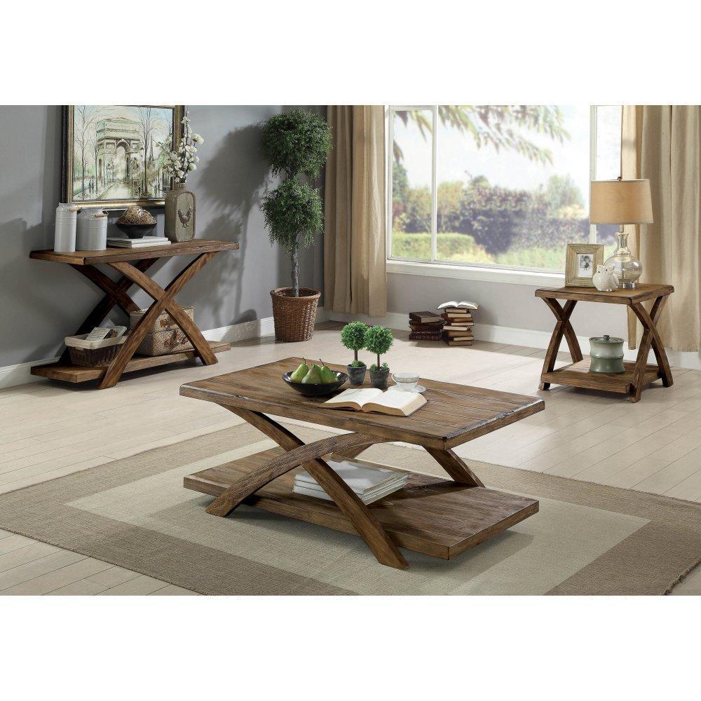 Rustic Console Sofa Table Plank Style Top Antique Light Oak Open Bottom Shelf