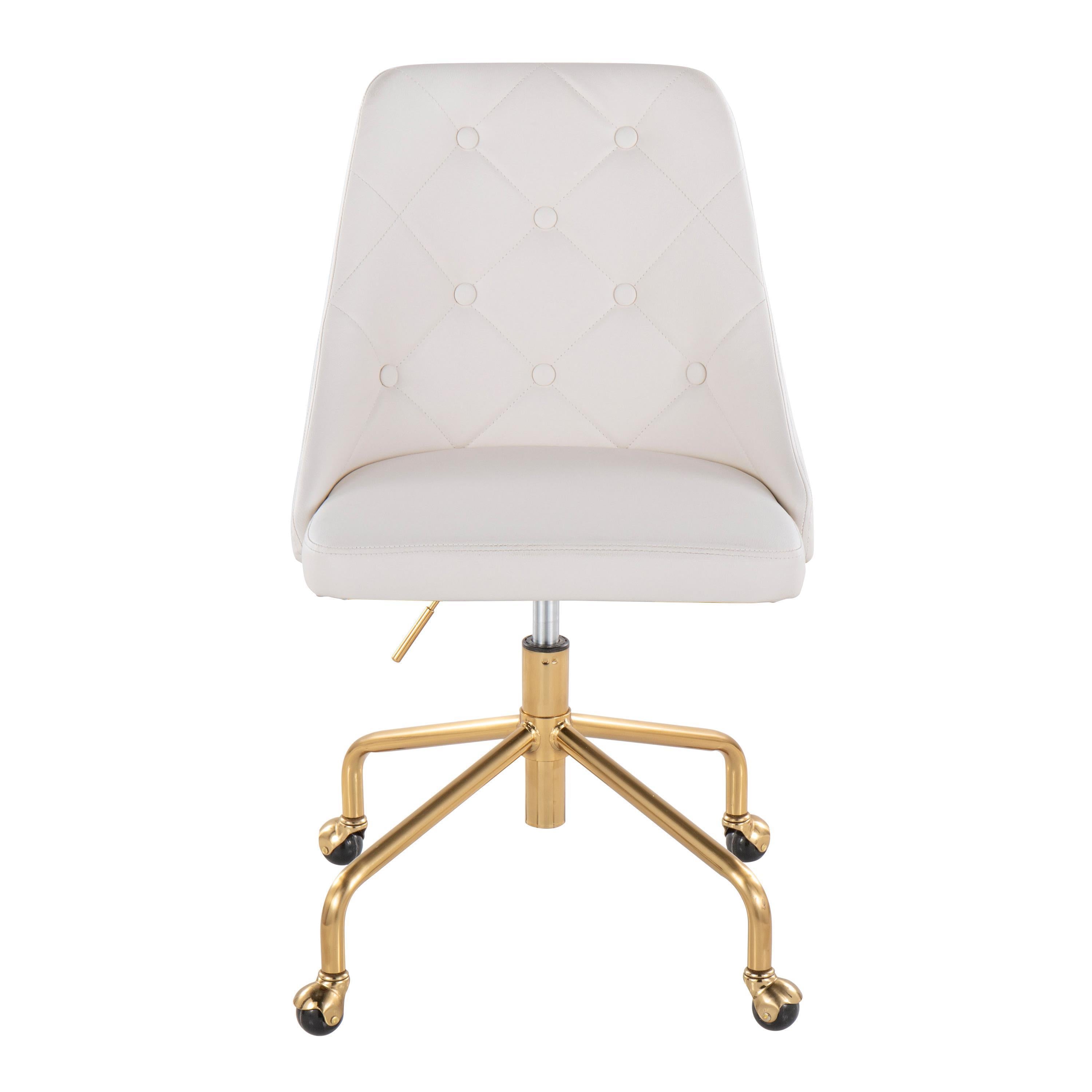 Contemporary Adjustable Office Chair with Casters in Gold Metal and White Faux Leather