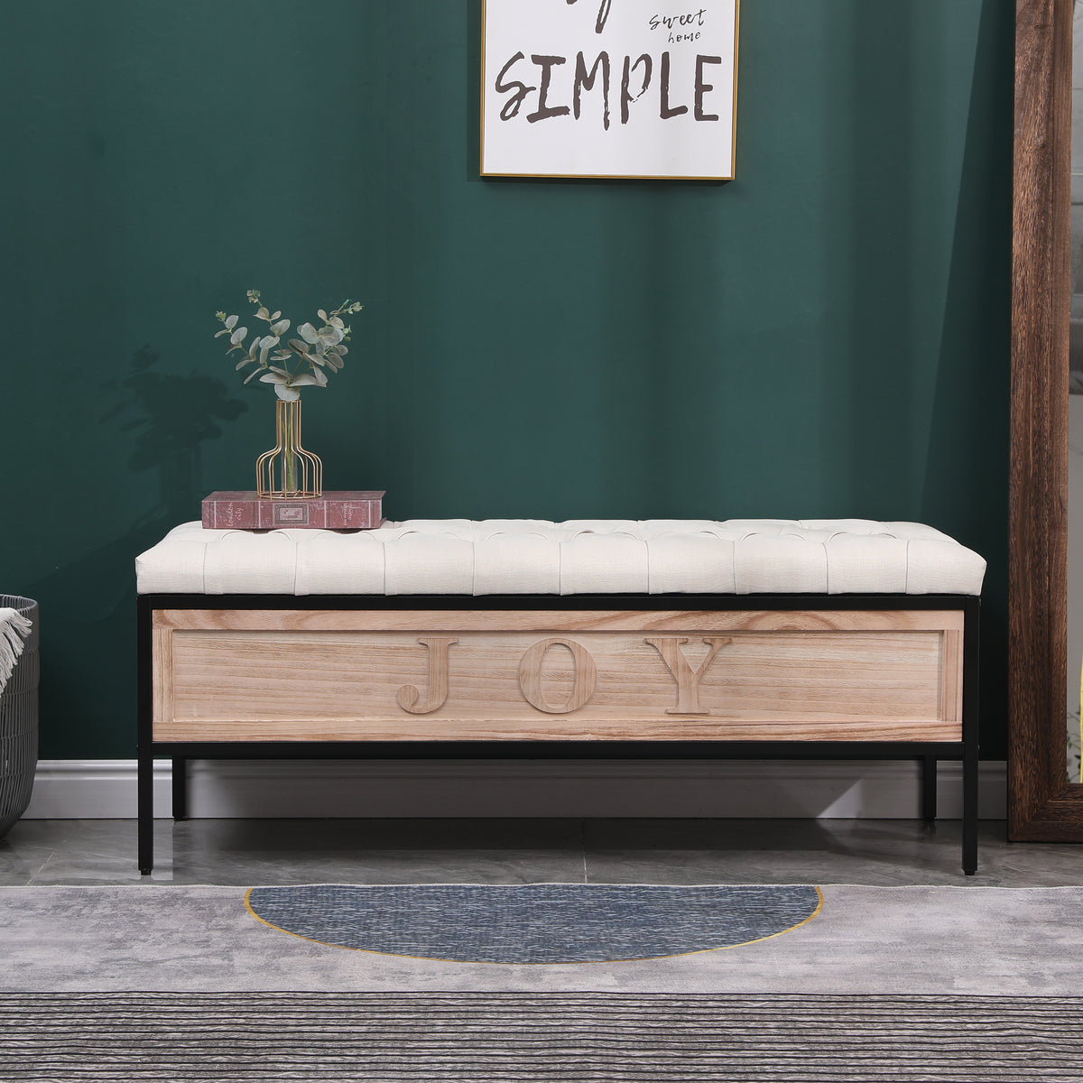 Wooden JOY Storage Bench Upholstered Benches 48'' Rectangular Ottoman - Beige