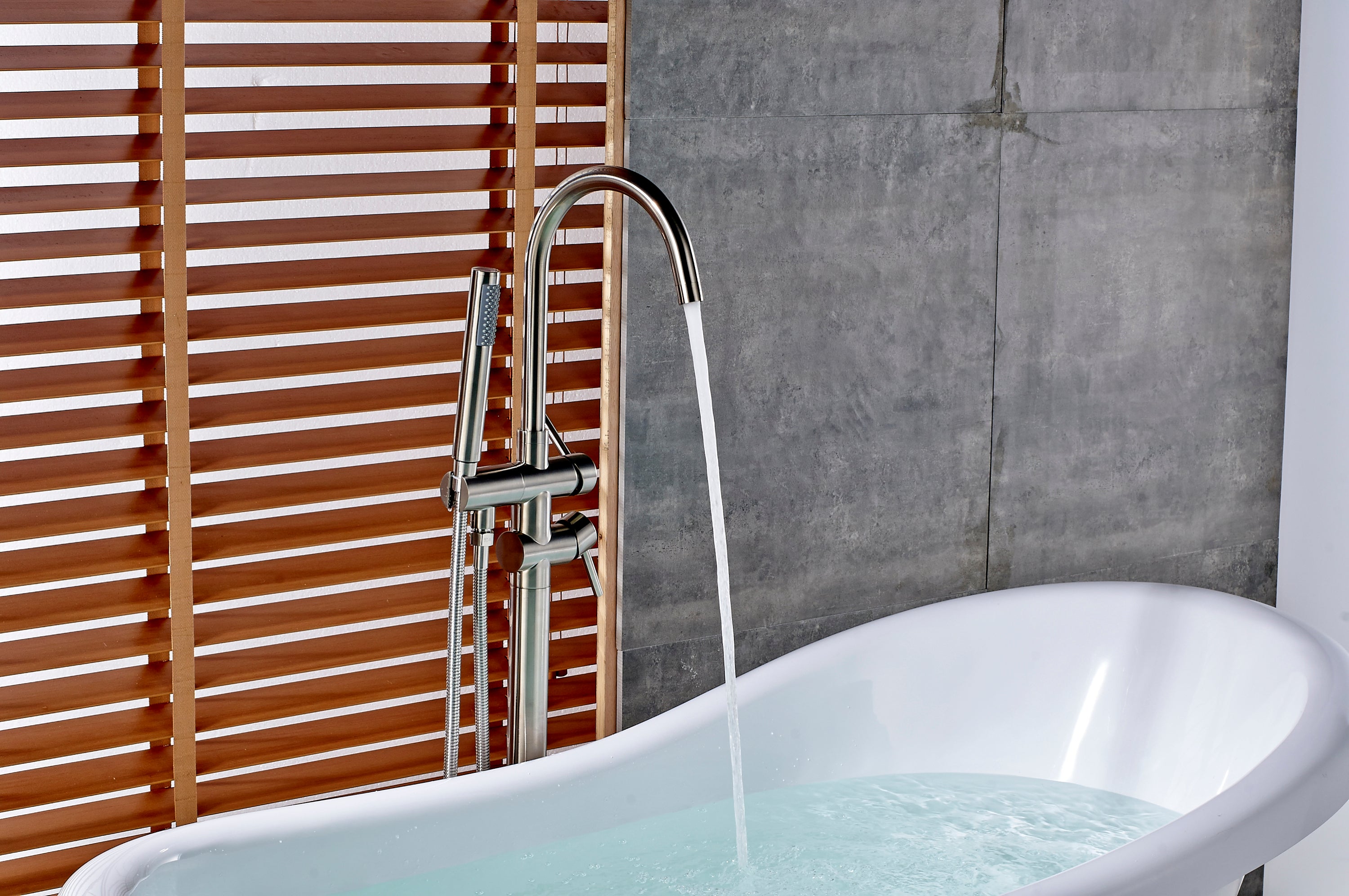Single Handle Freestanding Tub Filler Floor Mount Bathtub Faucet with Handheld Shower - Brushed Nickel