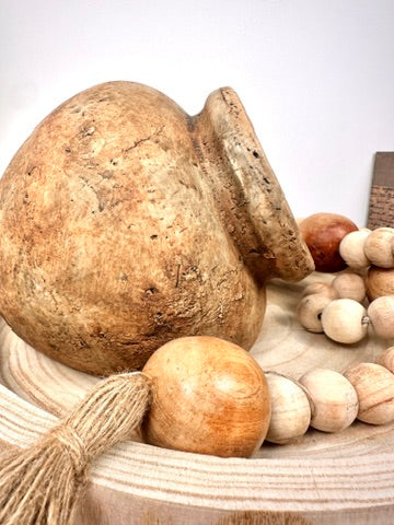 Set of 3 Decorative Accent Boho Mediterranean Style, Organic and Rustic Centerpiece Setting (Vase, Paulownia Tray and Natural Wood Bead Garland)