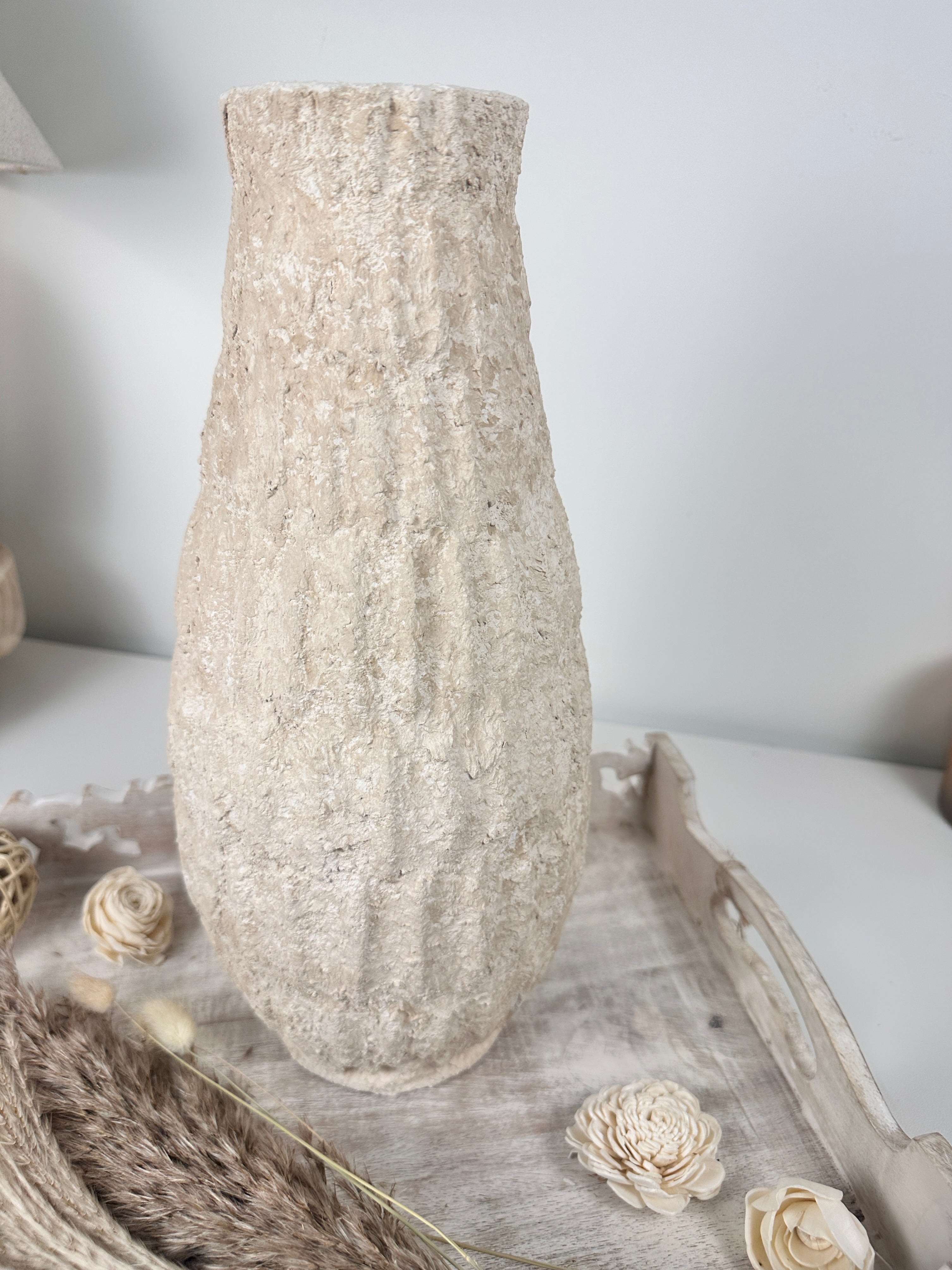 Minimalist Hand-Painted/Textured Ceramic Vase 14" - Cream Sand washed