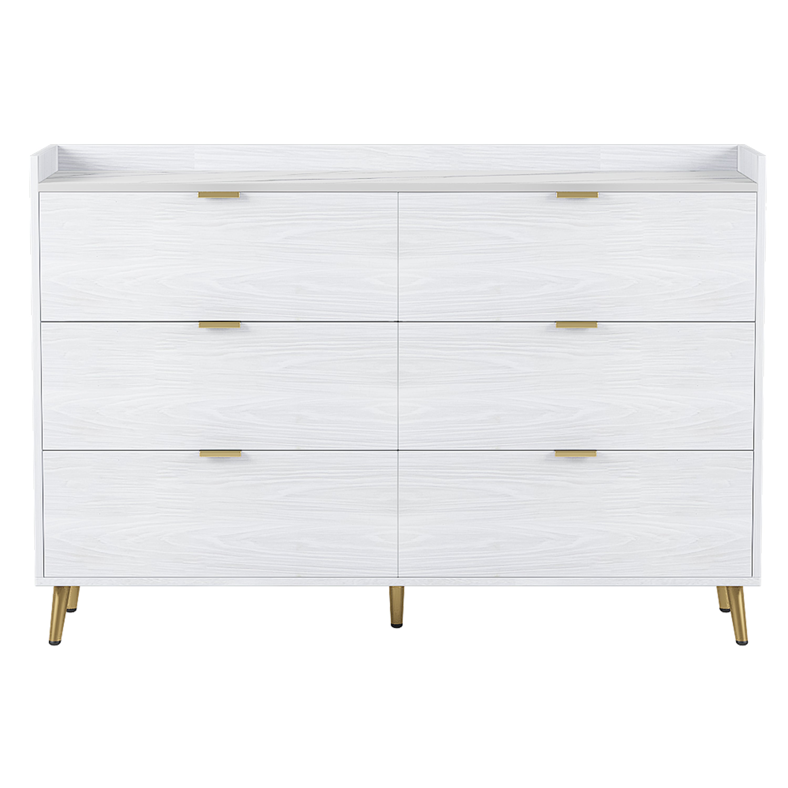 55" Long 6 Drawer Dresser with Marbling Worktop, Mordern Storage Cabinet with Metal Leg and Handle - White