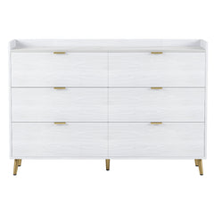 55" Long 6 Drawer Dresser with Marbling Worktop, Mordern Storage Cabinet with Metal Leg and Handle - White