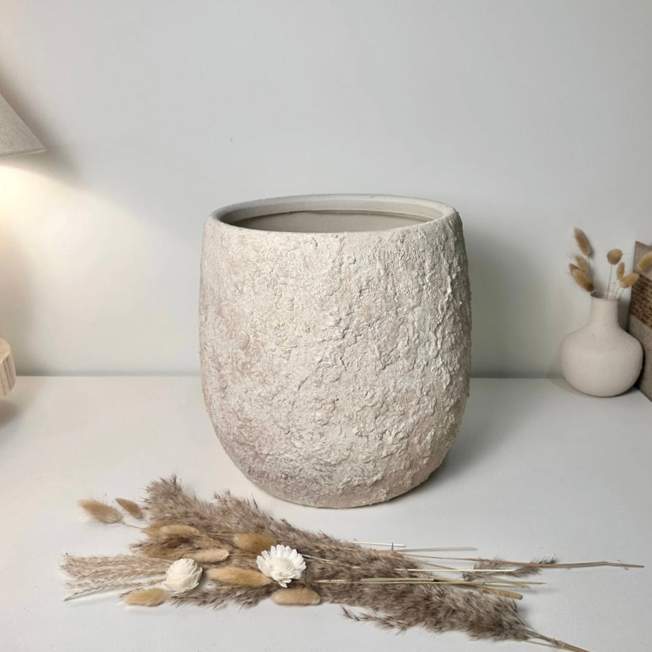 12.5" Tall Minimalist Hand-Painted & Textured Planter Pot with Drainage Hole - Cream Sand wash