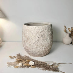 12.5" Tall Minimalist Hand-Painted & Textured Planter Pot with Drainage Hole - Cream Sand wash