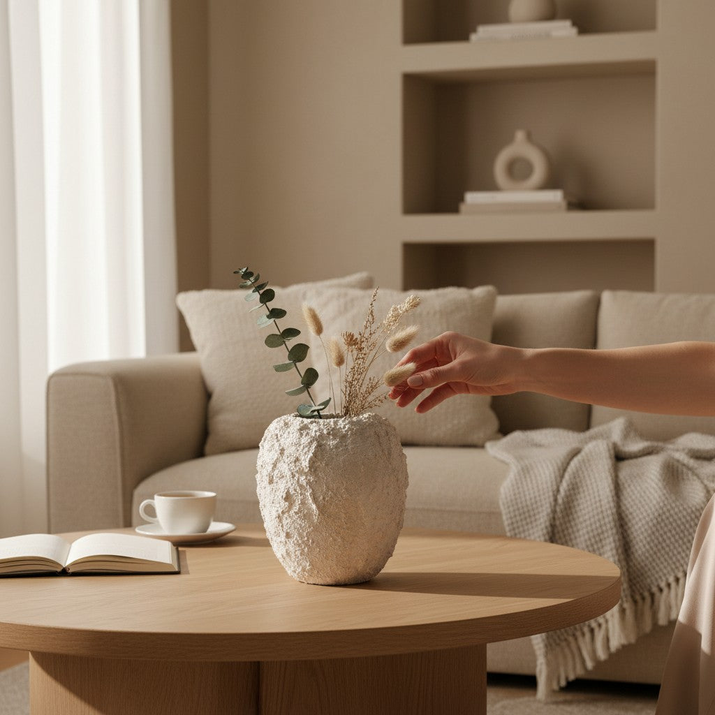 Minimalist Hand-Painted Textured Ceramic Round Vase 7" tall - cream sand wash