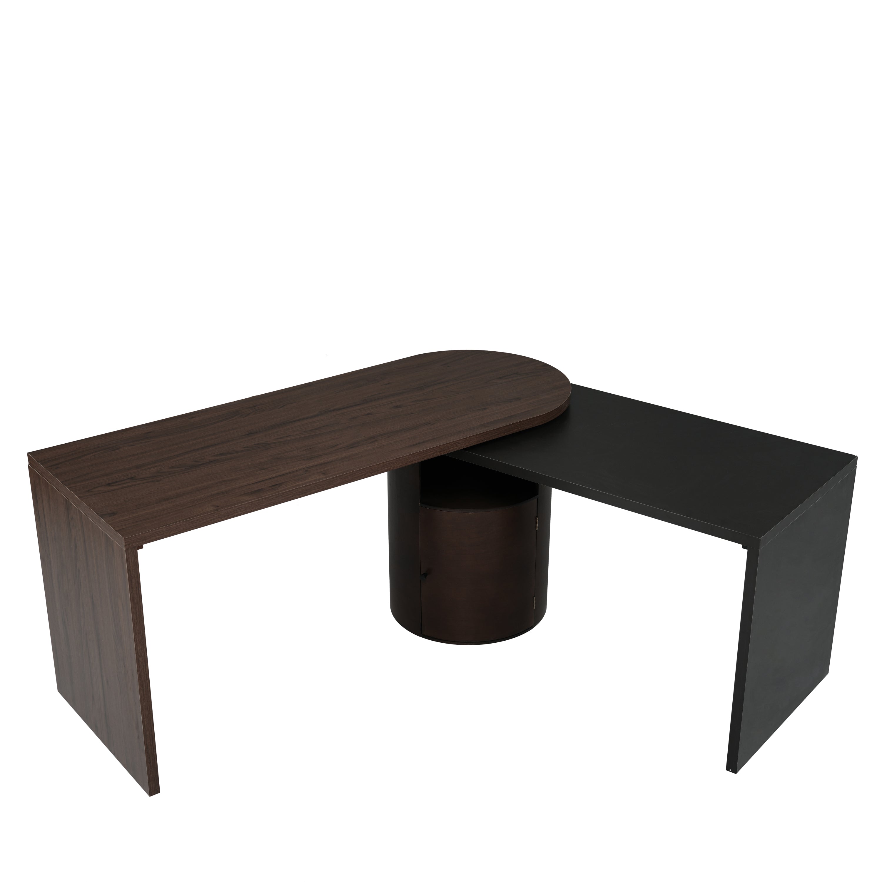 Modern L Shaped Desk in Walnut with 1 Cabinet and Open storage, 360° Wood Rotating Desk 56.92"  - Walnut