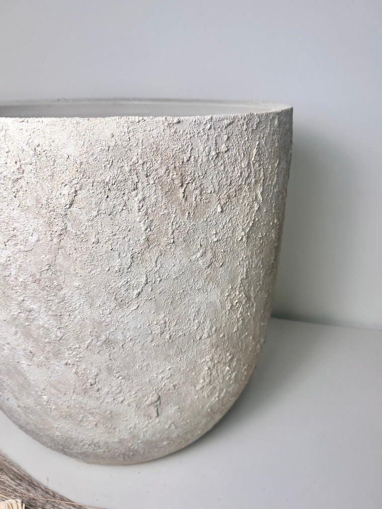 17" tall Minimalist Hand-Painted & Textured Planter Pot with Drainage Hole one time creation - cream sand wash